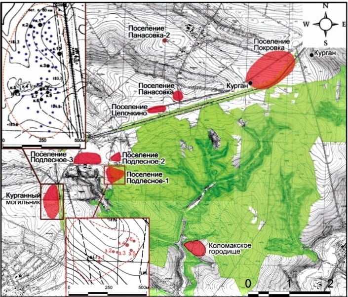 1 Map Scythians. Червоним кольором позначені місця досліджень, проведених В.Окатенком
